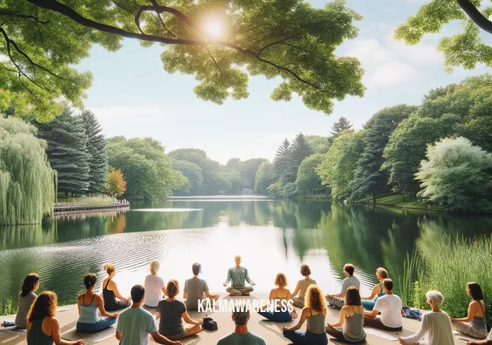 mindful healing lakewood _ A tranquil lakeside setting in Lakewood, where a diverse group of people are seated in a peaceful, outdoor meditation circle. The serene environment features gentle ripples on the lake