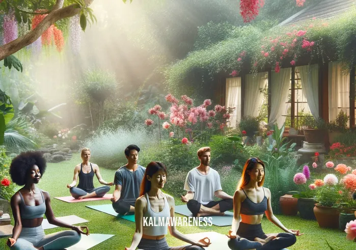 mindful health and wellness _ A serene yoga session in a tranquil garden setting, illustrating the first step towards mindful health and wellness. The image depicts a diverse group of individuals, including a Black woman, a Caucasian man, and an Asian woman, each practicing yoga. They are positioned on colorful mats, surrounded by lush greenery and blooming flowers, with soft sunlight filtering through the leaves, creating a peaceful and rejuvenating atmosphere.