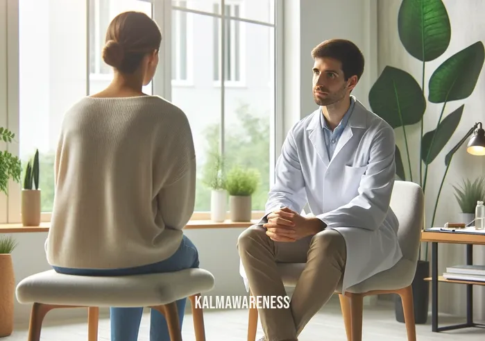 mindful health care _ In the first image, a healthcare professional, wearing a white lab coat and a serene expression, is seated in a well-lit, peaceful office. They are attentively listening to a patient who is sharing their concerns. The room is decorated with calming colors and plants, symbolizing a mindful approach to healthcare.