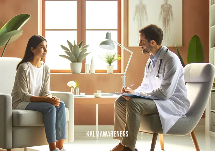 mindful healthcare agency _ A healthcare professional in a serene, modern office, attentively listening to a patient. The room is decorated with calming colors and plants, embodying a mindful healthcare approach. The patient, looking relieved, is sharing their concerns while the healthcare worker takes notes, showing empathy and understanding.