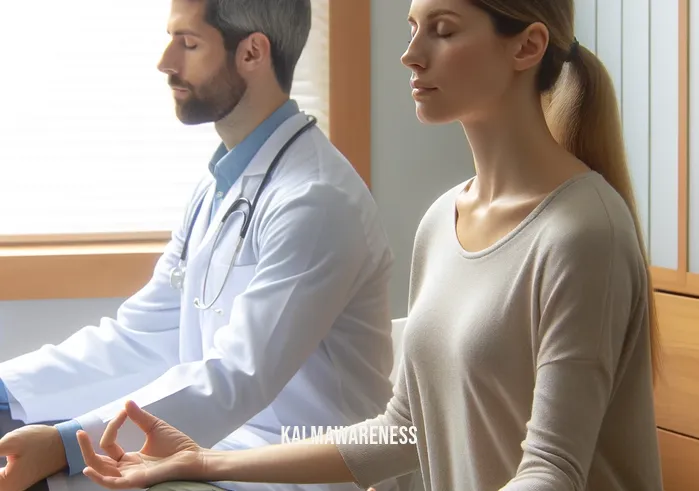 mindful healthcare agency _ A follow-up scene in the same office, where the healthcare professional is now demonstrating a mindfulness exercise to the patient. They are both seated in a relaxed posture, eyes closed, with a focus on deep breathing. The atmosphere is peaceful, highlighting the agency's commitment to integrating mindfulness into patient care.