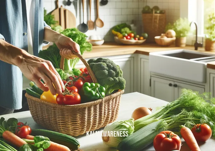 mindful kitchen _ A person in a bright, well-organized kitchen mindfully selecting fresh vegetables from a basket, representing the first step in preparing a meal with intention and care. The kitchen is clean and filled with natural light, and the vegetables are vibrant and fresh, symbolizing the importance of choosing healthy, nourishing ingredients in mindful cooking.