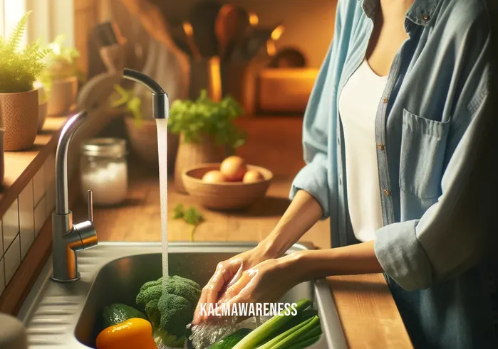 mindful kitchen _ A person is gently washing vegetables in a sink with a serene expression, embodying the practice of mindfulness in the kitchen. The kitchen is tidy and warmly lit, creating a calm atmosphere. This image illustrates the mindful act of cleaning and preparing food, emphasizing the connection and respect for the ingredients used in cooking.