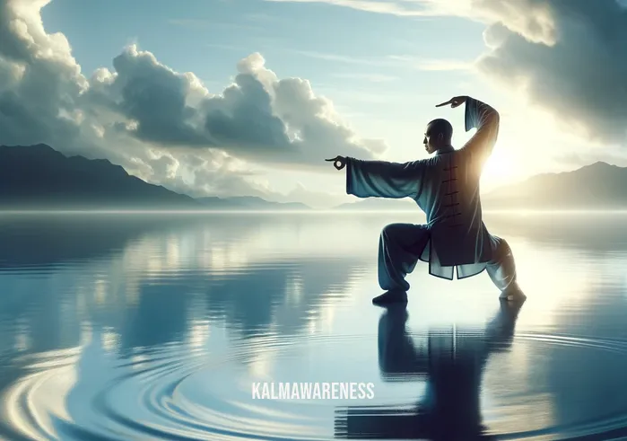 mindful martial arts _ In the next step of the mindful martial arts series, the same practitioner is now in a fluid Tai Chi pose, one hand extended forward and the other drawn back, symbolizing balance and flow. They are surrounded by a calm lake with gentle ripples, reflecting the early morning sky. The image captures the essence of mindful movement, integrating martial arts with the natural world around them.