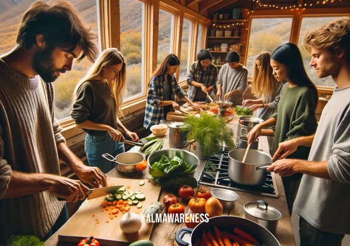 mindful meals utah _ A cozy, well-lit indoor kitchen in Utah, where the same group is now preparing a meal together. They are chopping vegetables and stirring pots on the stove, demonstrating collaboration and mindfulness in meal preparation, as a follow-up to the earlier outdoor activity.