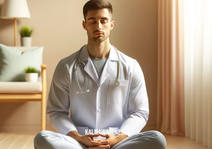 mindful medical _ A healthcare professional in a serene, softly lit room, practicing mindful breathing exercises. They are seated comfortably, eyes gently closed, with hands resting on their knees. The room is decorated with soothing colors and a few potted plants, creating a calm and meditative atmosphere.