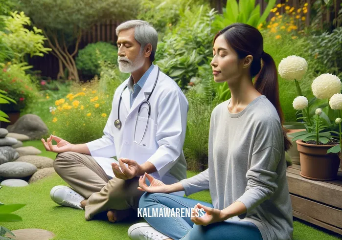 mindful medical _ A patient and a healthcare professional sitting together in a peaceful outdoor garden, engaged in a mindful meditation session. The garden is lush with greenery and blooming flowers, and both individuals are in a relaxed, cross-legged position, focusing on deep, synchronized breathing.