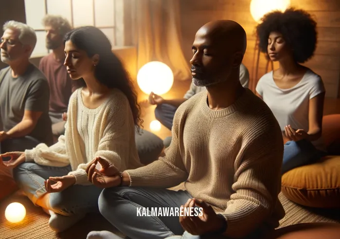 mindful mental health _ A cozy indoor setting, where individuals of various ages and ethnicities are engaged in a group meditation session. Soft, ambient lighting and comfortable cushions create a warm, inviting atmosphere. Each person, including a middle-aged Black man and a young Hispanic woman, reflects a deep sense of focus and relaxation, symbolizing the journey of inner peace and mental wellness through mindfulness.