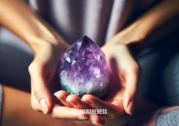 mindful minerals _ A close-up of a person's hands, gently holding a vibrant amethyst crystal. The hands are resting on their lap, with a background of a calm, softly lit meditation space, emphasizing a personal connection to the mindful use of minerals.