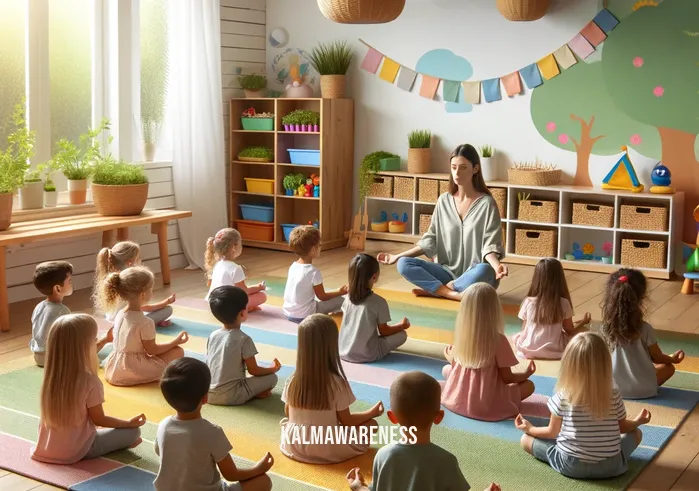 mindful montessori lawrence ks _ A group of preschool children at a Mindful Montessori school in Lawrence, KS, are gathered in a bright, spacious classroom, engaging in a guided meditation session. The children, sitting cross-legged on a soft, colorful rug, are following the lead of a teacher who is gently guiding them through breathing exercises. The room is filled with natural light and decorated with calming, earth-toned colors, creating a serene atmosphere conducive to mindfulness.