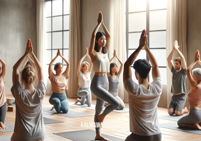 mindful motion yoga _ A serene yoga studio setting where a diverse group of individuals are engaged in a Mindful Motion Yoga class. The room is bathed in soft, natural light, with participants positioned on their mats in a circle. In the center, an instructor, a middle-aged Asian woman, demonstrates the first step of a flowing yoga sequence, the Mountain Pose. She stands tall and centered, with arms relaxed at her sides, embodying a sense of calm and focus. Around her, participants of various ages and ethnicities mirror her posture, their expressions reflecting concentration and tranquility. The atmosphere is one of peaceful, collective mindfulness, setting the stage for a journey through mindful yoga practices.