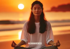 mindful movement and wellness _ A different woman, on a beach at sunset, is depicted in a deep meditation posture. She sits cross-legged on a yoga mat, her hands resting gently on her knees, eyes closed. The orange hues of the setting sun cast a warm, calming glow over the scene, embodying the essence of tranquility and wellness.