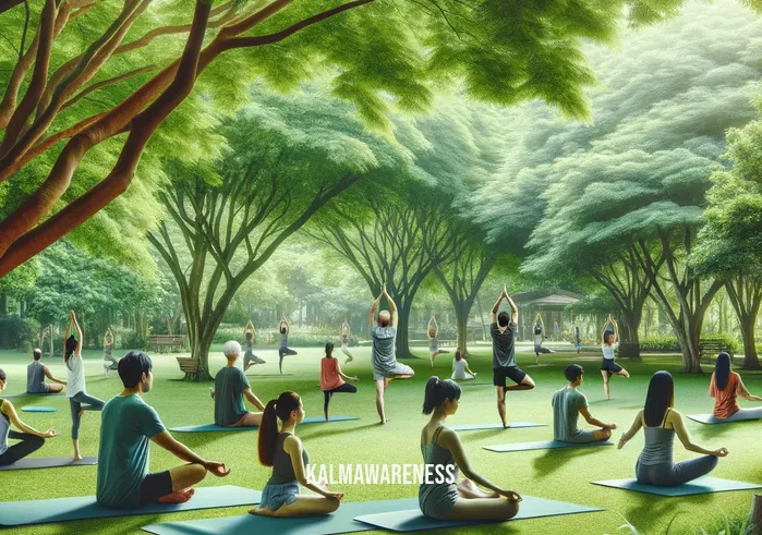 mindful movement collective _ A group of diverse individuals practicing yoga in a serene park setting, surrounded by lush greenery. They are in various yoga poses, focusing intently, embodying a sense of calm and mindfulness. The scene radiates tranquility, reflecting the essence of mindful movement, with each individual deeply connected to their practice.