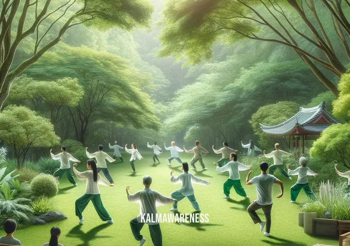 mindful movement llc _ An outdoor setting in a lush, green park. The same group from the yoga studio, now standing, is practicing Tai Chi under the guidance of the instructor. The scene conveys a sense of harmony and fluidity, with each individual focused and moving gracefully in unison against the backdrop of nature.