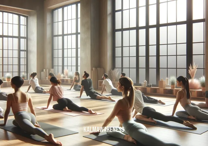 mindful movement pilates _ A serene Pilates studio with large windows allowing natural light to bathe the room. In the center, a diverse group of participants, led by a skilled instructor, are engaged in a warm-up session. They are performing gentle stretching exercises, synchronizing their movements with deep, mindful breathing. The atmosphere is calm and focused, reflecting the principles of mindful movement Pilates.