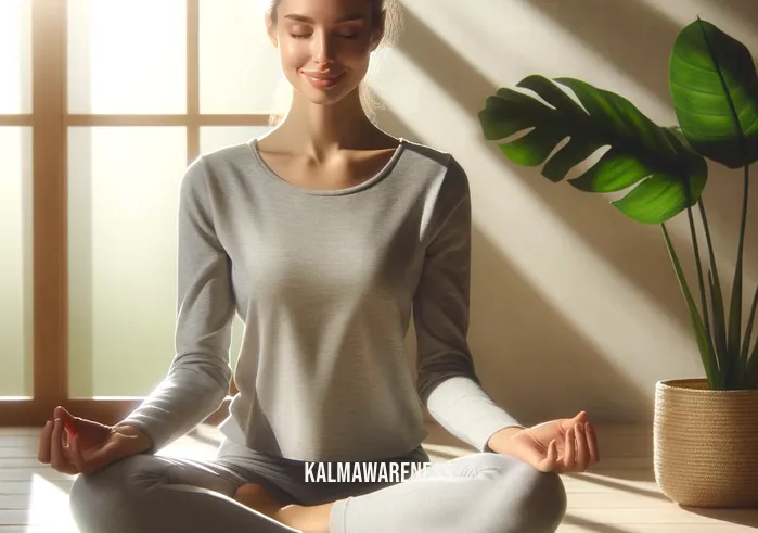 mindful movements ten exercises for well being _ A woman in comfortable clothing performs a deep breathing exercise in a serene, sunlit room. She sits cross-legged on a yoga mat, eyes closed, with a gentle smile. Her hands rest lightly on her knees, and a potted plant adds a touch of greenery to the tranquil setting.