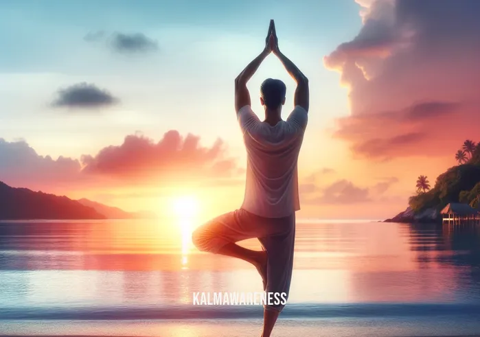 mindful movements ten exercises for well being _ A man stands in a tree pose on a peaceful beach at sunset, balancing on one leg with the other foot resting on his thigh. His arms are raised above his head, fingers reaching towards the sky. The calm ocean and colorful sky in the background create a sense of harmony and mindfulness.