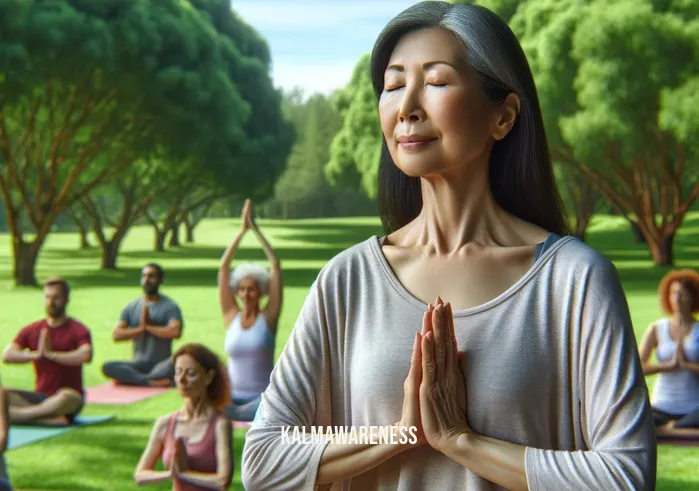 mindful movers _ A group of people of diverse ages and ethnicities practicing yoga in a serene park setting. The focus is on a middle-aged Asian woman in the foreground, gracefully holding a 