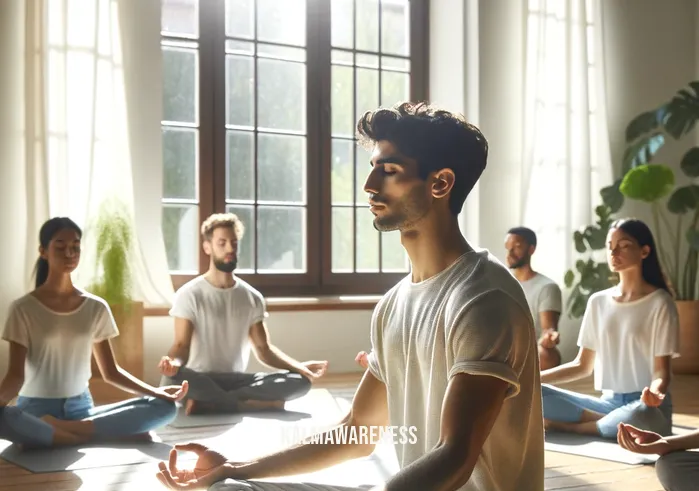mindful movers _ A young Hispanic man leading a meditation session in a bright, sunlit room with large windows. He sits cross-legged at the front, eyes closed and hands resting on his knees, surrounded by a small, attentive group sitting in similar poses. The room's minimalistic decor and plants convey a peaceful and focused atmosphere, emphasizing the theme of mindfulness and inner peace.