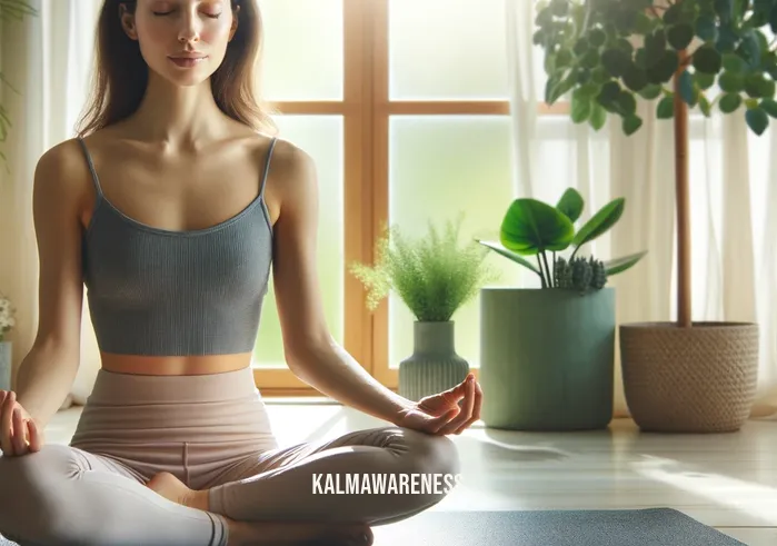 mindful muscle _ A person in a serene yoga studio, bathed in soft natural light, is sitting cross-legged on a yoga mat, eyes closed and hands resting gently on their knees. The atmosphere suggests a moment of peaceful meditation, with green potted plants in the background adding a touch of nature.