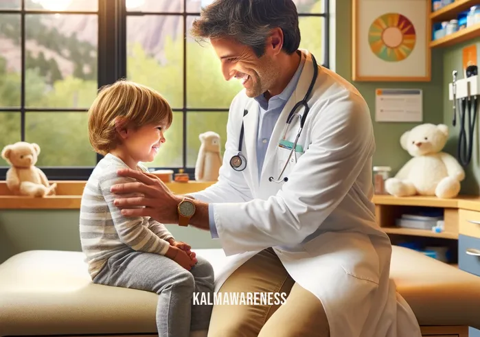 mindful pediatrics boulder _ A pediatrician in a Boulder clinic, practicing mindful pediatrics, gently examines a smiling young child. The doctor, wearing a stethoscope and a serene expression, demonstrates a patient-centered approach. The child, sitting on an examination table surrounded by colorful, child-friendly decor, appears relaxed and engaged.