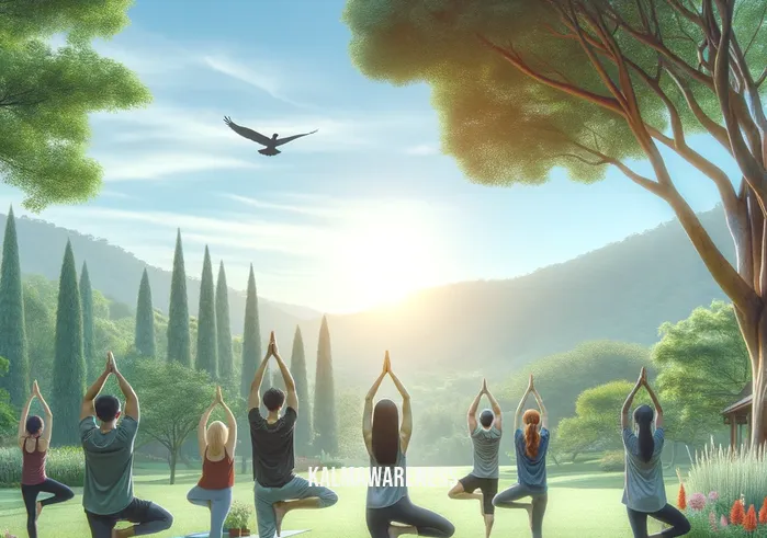 mindful pilates and yoga _ A serene outdoor scene where a diverse group of people, in harmonious unison, practice mindful yoga on a lush green lawn under a clear blue sky. Each person, dressed in comfortable yoga attire, is in the tree pose, with one foot rooted on the ground and the other pressed against the inner thigh, arms reaching skyward. The tranquility of nature enhances the peaceful ambiance, embodying the essence of mindfulness and unity.