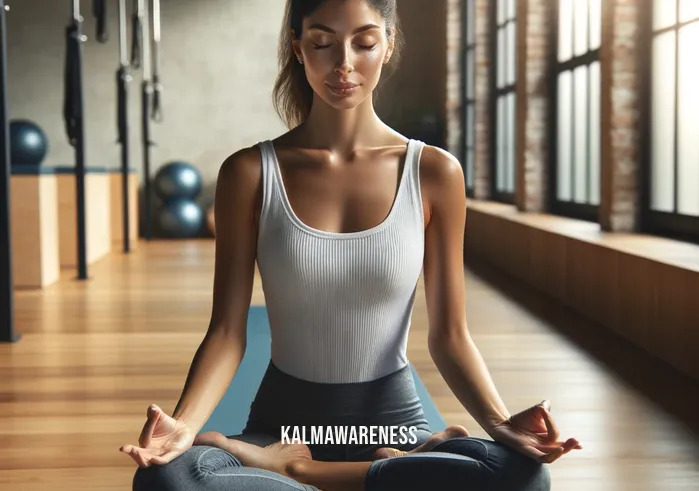 mindful pilates _ A Pilates instructor, a middle-aged Hispanic woman with her hair tied back in a ponytail, demonstrates the first step of a mindful Pilates session in a bright, airy studio. She sits on a blue mat, legs crossed, eyes gently closed, and hands resting on her knees, illustrating the beginning of a meditation-focused warm-up to center the mind and body before the physical exercises begin.A diverse group of participants, including a young Black man and an elderly Caucasian woman, follow the instructor