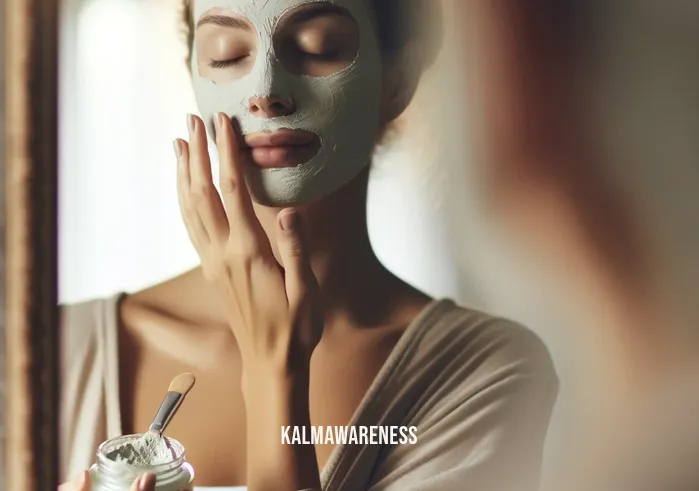 mindful skin care _ A person in a relaxed pose, applying a gentle, natural face mask in front of a mirror. The room is softly lit, creating a tranquil and peaceful environment. This image represents the second step in a mindful skincare process, emphasizing the importance of taking time for oneself and using products that are kind to both skin and the environment.