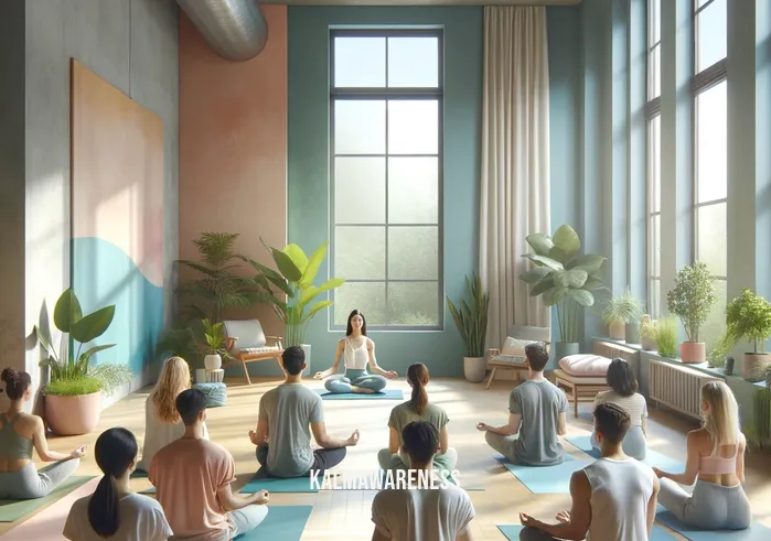 mindful studio _ A serene yoga studio with large windows allowing natural light to flood in, creating a tranquil atmosphere. In the center, a diverse group of individuals in comfortable attire are seated in a circle on yoga mats, practicing deep breathing exercises led by an instructor. The walls are adorned with calming pastel colors and indoor plants, enhancing the peaceful ambiance.