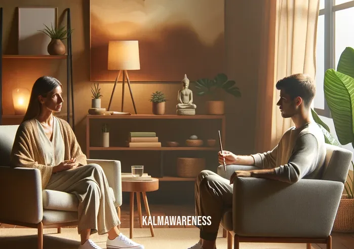 mindful therapy _ A serene therapy room with soft lighting and a calming, earth-toned color scheme. In the center, a therapist and client sit facing each other in comfortable armchairs. The therapist, a middle-aged woman with a gentle expression, is attentively listening to the young man speaking. He seems relaxed, holding a mindfulness meditation tool in his hands. The room is adorned with indoor plants and tranquil art, creating a peaceful atmosphere conducive to mindful therapy.