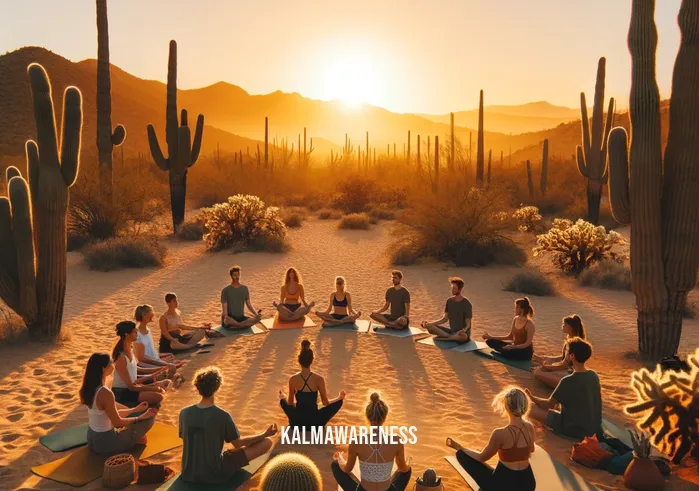 mindful wellness of arizona _ A serene desert landscape in Arizona at sunrise, with soft golden light illuminating the sand and cacti. In the foreground, a group of people of diverse ages and ethnicities are seated in a circle on yoga mats, engaged in a peaceful meditation session, symbolizing mindfulness and unity with nature.