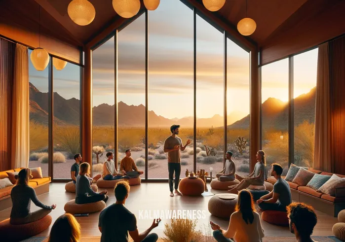 mindful wellness of arizona _ A comfortable, warmly lit indoor wellness center with large windows showcasing a stunning view of the Arizona desert. Inside, individuals of various descents are participating in a mindful wellness workshop, attentively listening to an instructor who is demonstrating breathing techniques, reflecting an atmosphere of learning and mental well-being.