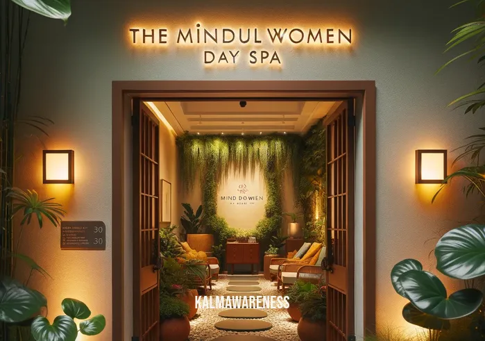 mindful women day spa _ A serene and elegantly designed entrance to the Mindful Women Day Spa. The doorway is framed with lush green plants and soft, warm lighting, creating a welcoming atmosphere. A tasteful sign above the door features the spa