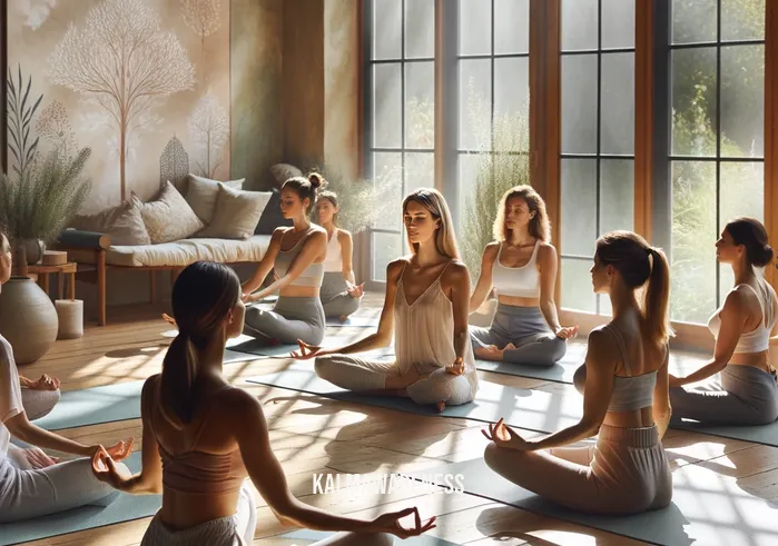 mindful women spa _ A group of women participating in a guided meditation session in a spacious, sunlit yoga studio. They are seated on comfortable, earth-toned mats, their eyes closed, with expressions of deep relaxation. An instructor, a woman with a soothing presence, leads the session, her voice gentle and calming. Large windows offer a view of a lush garden outside, further enhancing the peaceful ambiance. The room is decorated with subtle, nature-inspired art, contributing to the overall sense of mindfulness and wellbeing.