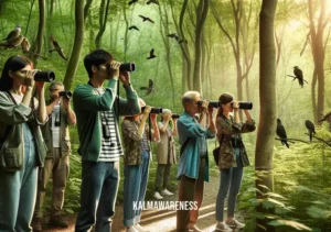 nature appreciation _ A group of people of diverse ages and backgrounds, equipped with binoculars and cameras, quietly observing birds in a dense forest. The lush green foliage is dappled with sunlight, creating a serene and inviting atmosphere for nature lovers.