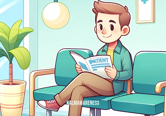 patient person clipart _ A cartoon image of a patient person sitting calmly in a waiting room, smiling gently. The room is brightly lit and decorated with cheerful colors. The patient is reading a magazine, appearing relaxed and patient, exemplifying a positive attitude while waiting.