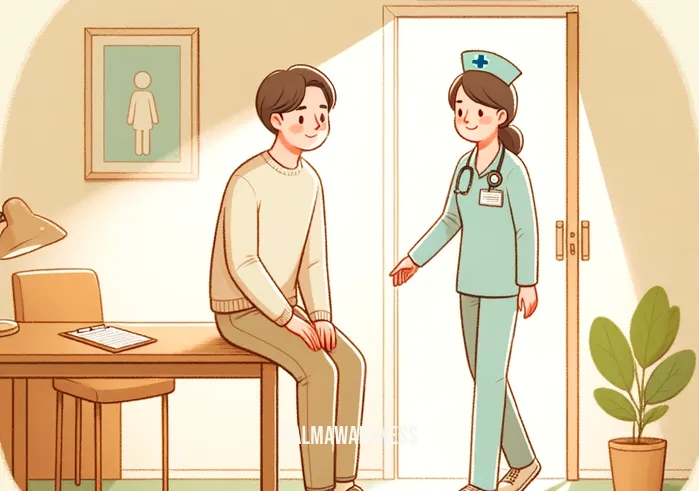 patient person clipart _ A continuation from the previous image, showing the same patient person now standing up as their name is called by a friendly nurse. The patient is still smiling, displaying a calm demeanor as they follow the nurse into a consultation room. The environment remains warm and inviting, highlighting the patient's composed nature.