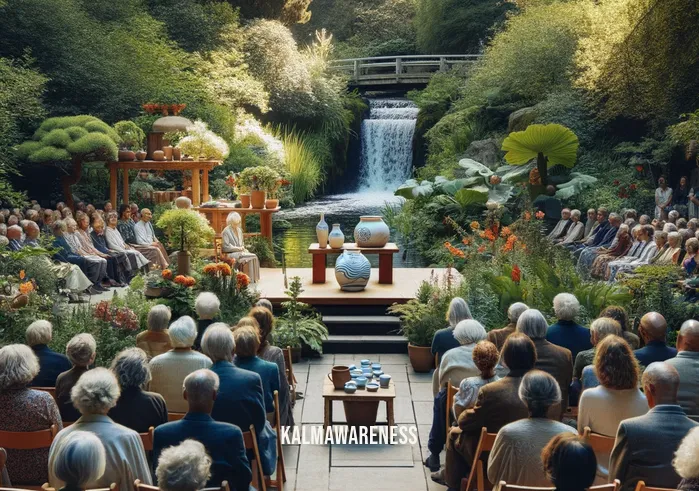 paulus berensohn death _ A second image depicting a tranquil outdoor memorial service for Paulus Berensohn, set in a lush, green garden. A diverse group of people is seated on simple wooden benches, facing a small stage where a speaker, holding a ceramic piece created by Berensohn, shares memories and anecdotes about his life and work. The audience listens attentively, surrounded by nature, with the gentle sound of a nearby stream adding to the peaceful atmosphere. The scene captures the community's respect and admiration for Berensohn's artistic contributions and life philosophy.