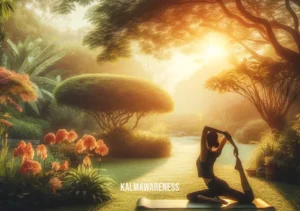 self care icon _ A vibrant image of a person practicing yoga in a serene garden at sunrise. The individual, dressed in comfortable workout attire, is in the midst of a stretching pose, surrounded by lush greenery and blooming flowers. The early morning sun casts a gentle, golden light over the scene, creating a tranquil and rejuvenating environment. This image symbolizes the importance of physical activity and connection with nature in self-care routines.