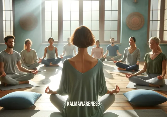 sharon salzberg health _ A serene meditation room with soft natural light filtering in through large windows. The room is adorned with tranquil blue and green tones, featuring a circle of comfortable cushions on a wooden floor. In the center, a smiling middle-aged woman with short brown hair sits cross-legged, leading a group in mindfulness meditation. The participants, diverse in age and ethnicity, are seated around her, their eyes closed and expressions peaceful, embodying a sense of calm and focus.