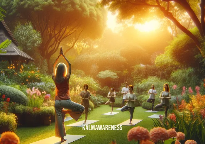 sharon salzberg health _ An outdoor scene in a lush garden at sunset, portraying the same middle-aged woman from the meditation room, now engaging in gentle yoga. She is gracefully demonstrating a standing yoga pose, surrounded by a small, attentive group. The garden is vibrant with colorful flowers and greenery, and the warm, golden light of the setting sun creates a soothing and uplifting atmosphere. The participants, mirroring her movements, are visibly relaxed and connected with the natural surroundings.