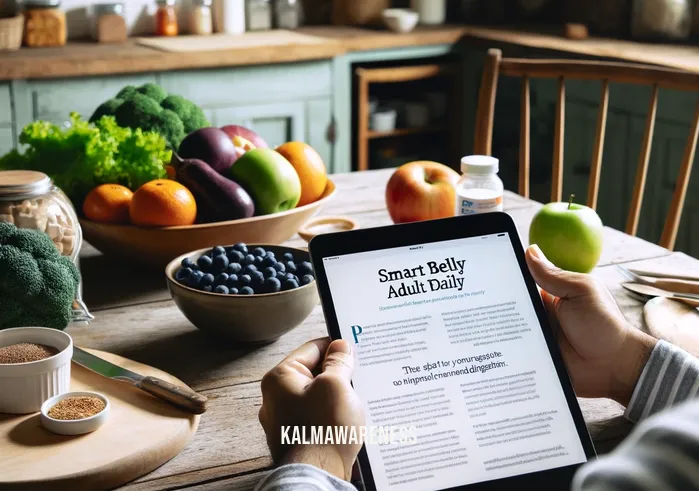 smart belly adult daily _ A person sitting at a kitchen table, reading an article titled "Smart Belly Adult Daily" on a tablet. They are surrounded by a variety of healthy foods including fruits, vegetables, and a bottle of probiotics, symbolizing the beginning of a journey towards improved digestive health.