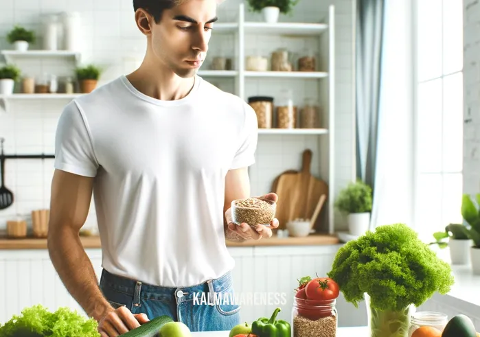 the body you deserve _ A digital illustration showcasing a person of indeterminate gender and descent, standing in a bright, modern kitchen, examining a variety of healthy foods laid out on the counter. The person appears contemplative and motivated, with fresh fruits, vegetables, and whole grains artfully arranged in front of them. The setting is clean and vibrant, highlighting the beginning of a journey towards a healthier lifestyle.