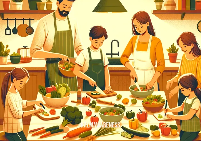 the loving diet _ A warm, inviting scene in a kitchen where a family is cooking together. Children are helping to chop vegetables and mix salads, while adults supervise and assist. The counters are laden with fresh produce, whole grains, and other nutritious ingredients. This image captures the essence of 'the loving diet' by showing the importance of involving family in healthy eating habits and meal preparation.