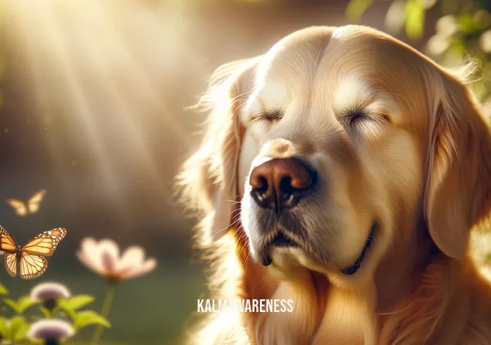 the mindful dog _ A golden retriever sitting serenely in a sunlit garden, eyes gently closed, with a faint smile on its face. The dog appears relaxed and at peace, surrounded by blooming flowers and butterflies, embodying a sense of mindfulness and calmness.