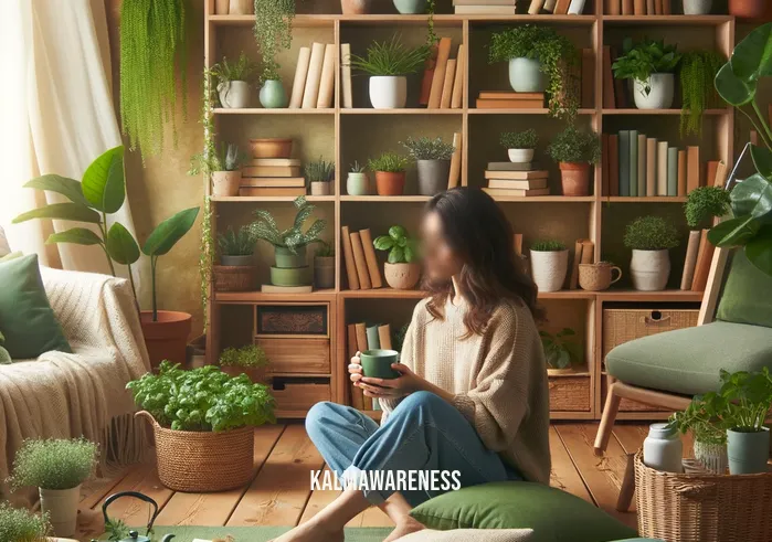 the weekly self care project _ A person sitting in a cozy, well-lit room, surrounded by plants and books, enjoying a cup of herbal tea. The scene conveys a sense of tranquility and self-care, aligning with the theme of taking time for oneself.