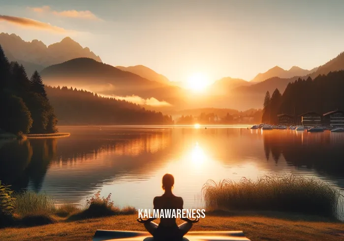 the weekly self care project _ A person practicing yoga in a serene outdoor setting at sunset, with a calm lake and distant mountains in the background. This image reflects the importance of physical wellness and connection with nature as part of a weekly self-care routine.