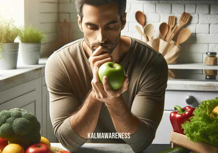 think before you eat _ A person standing in a kitchen, thoughtfully examining a variety of fresh vegetables and fruits spread out on the counter. The individual, showing a contemplative expression, is holding an apple in one hand and a nutrition facts label in the other, symbolizing the act of making informed and healthy food choices.