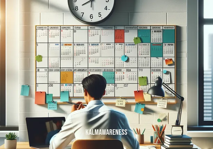 time awareness _ A digital illustration showing a person of indeterminate gender and descent, sitting at a desk in a well-lit, modern office. They are intently studying a large, colorful wall calendar filled with various appointments and deadlines. The scene conveys a sense of organization and time management, with a clock on the wall showing 9:00 AM, suggesting the start of a productive day.