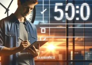 time awareness _ A continuation of the previous scene, now depicting the same person standing in front of a large digital clock displaying 5:00 PM. They are marking off completed tasks on a digital tablet, with a look of satisfaction. The office is bathed in the warm glow of sunset, indicating the end of a well-spent day focused on effective time management.